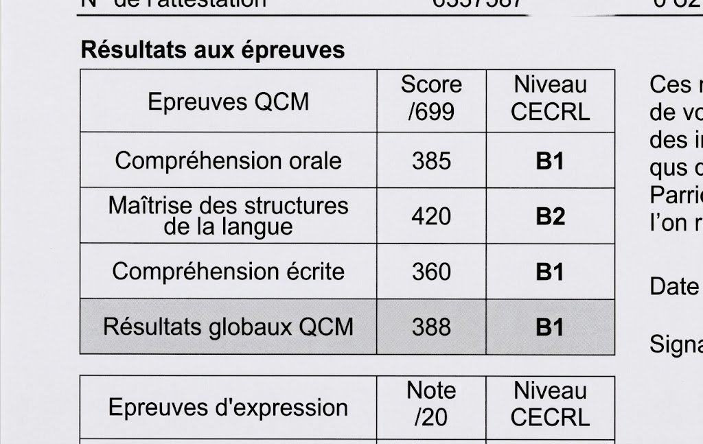 Attestation TCF avant la formation : résultat global 388, niveau B1